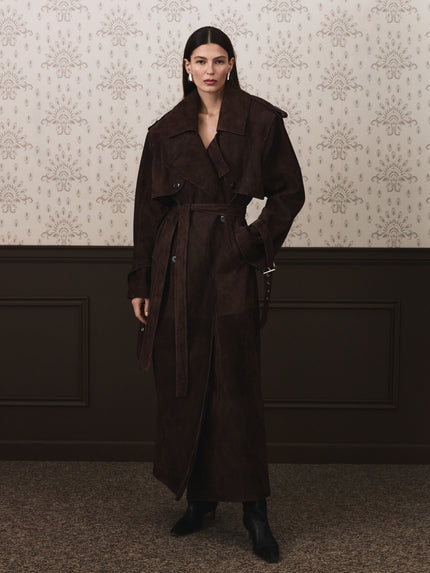 NEUS suede trench coat chocolate